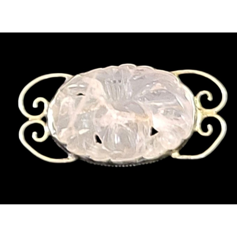 Antique Chinese Export Sterling Silver Carved Pink Rose Quartz Flower Pin Brooch